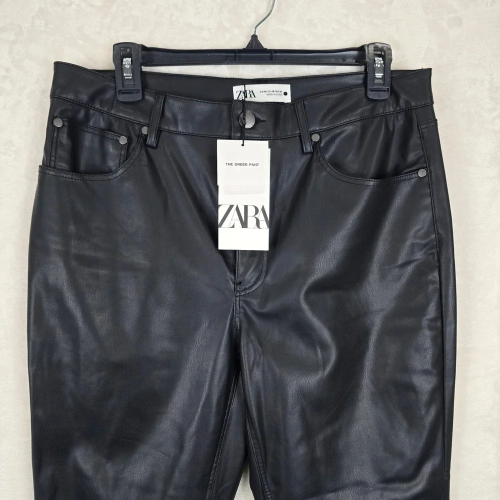 NWT Zara The Dreed Pant Black Faux Leather High Rise Cropped Flared Womens 10